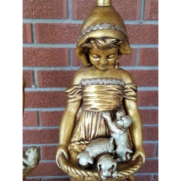 MCM Gold Gilt Chalkware Boy With Kittens Girl With Puppies Lamp Set - Picture 8 of 8